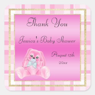 Sticker Carré Lapin Rose Mignon Merci Baby Shower