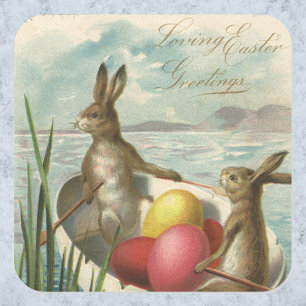 Sticker Carré Lapins de Pâques vintage dans un bateau avec des œ