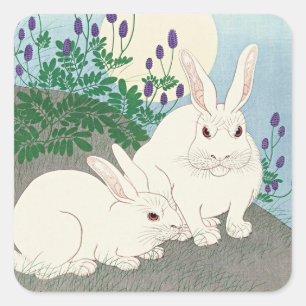 Sticker Carré Lapins en Pleine lune par Ohara Koson,