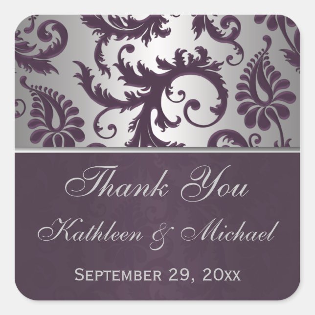 Sticker Carré Lapis Purple & Silver Grey Mariage damassé Favoris (Devant)