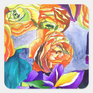 Sticker Carré L'aquarelle Ranunculus et Iris