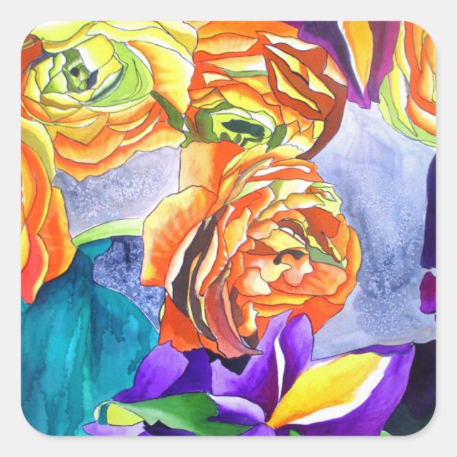 Sticker Carré L'aquarelle Ranunculus et Iris (Devant)