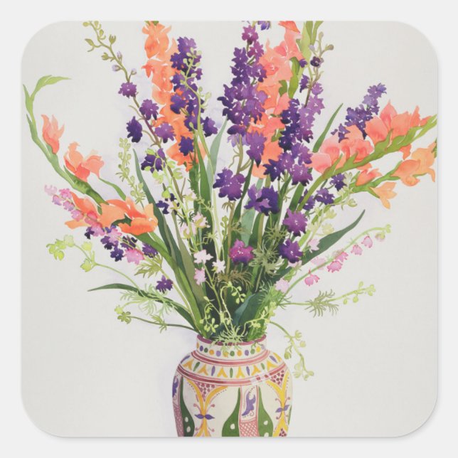 Sticker Carré Larkspur et Gladioli dans un Vase marocain (Devant)