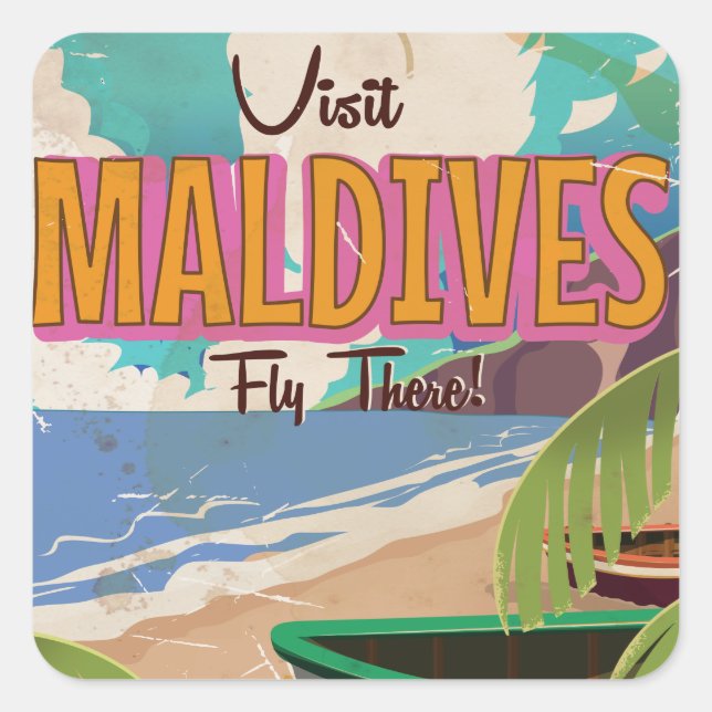 Sticker Carré L'art de l'affiche de voyage vintage des Maldives. (Devant)