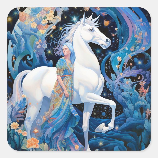 Sticker Carré L'art de l'Imaginaire de la dame et du cheval blan (Devant)