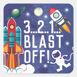 Sticker Carré L'astronaute Rocket Ship Space BLAST OFF