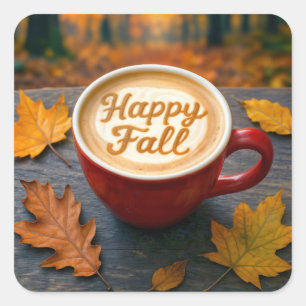 Sticker Carré Latte Happy Fall Dans Une Mug Rouge Avec Feuilles 