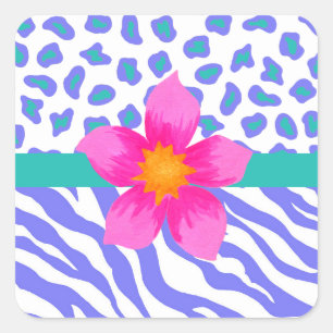 Sticker Carré Lavande et blanc Zèbre et Cheetah Fleur rose