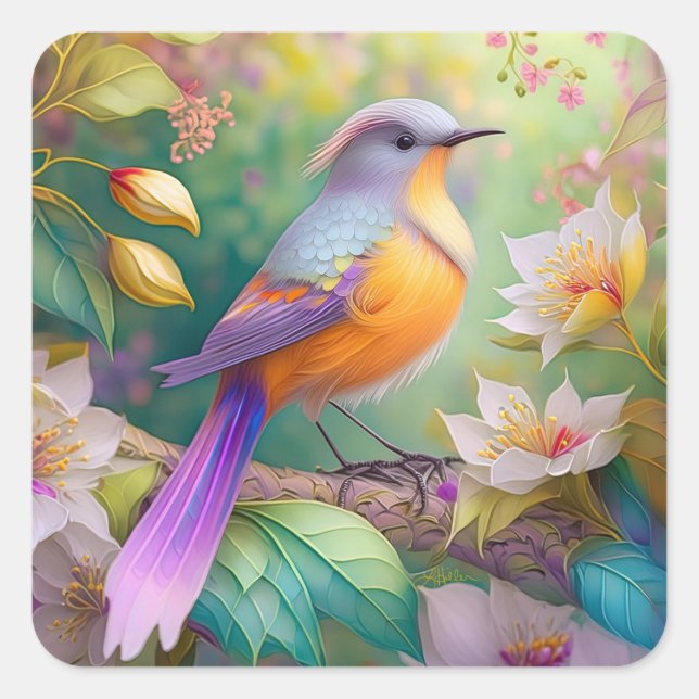 Sticker Carré Lavande Tête Orange Breased Imaginaire Oiseau (Devant)