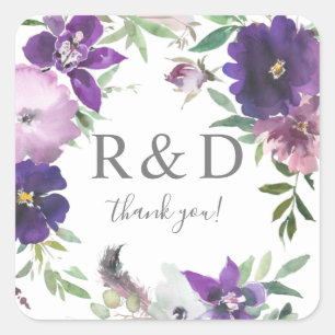Sticker Carré Lavande violette & violet Monogramme floral -
