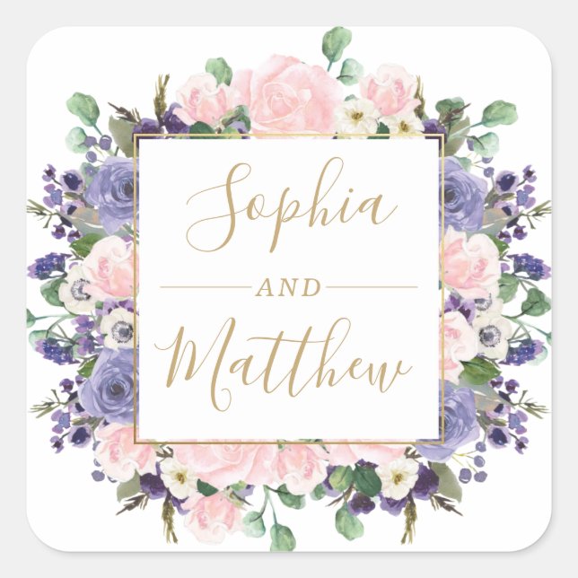 Sticker Carré Lavender Blush Purple Floral Gold Wedding Favorise (Devant)