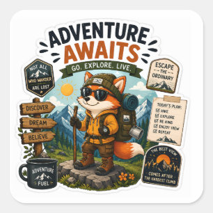 Sticker Carré L'aventure Attend – Randonneur Fox Explorer