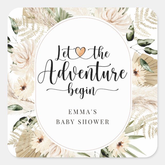 Sticker Carré L'aventure commence Pampas Grass Boho Baby shower (Devant)