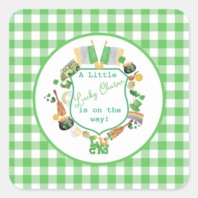 Sticker Carré Le baby shower de charme Green Little Lucky (Devant)