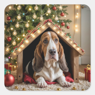 Sticker Carré Le Basset de Noël dans une niche