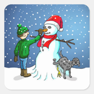 Sticker Carré Le Bonhomme de neige, garçon et chien sur un autoc