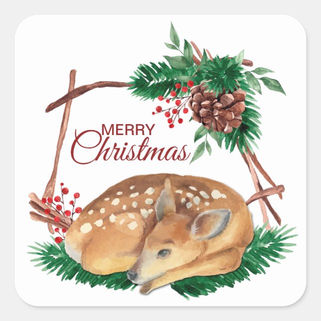 Sticker Carré Le chevreuil dans le cadre rustique du bois Noël (Devant)