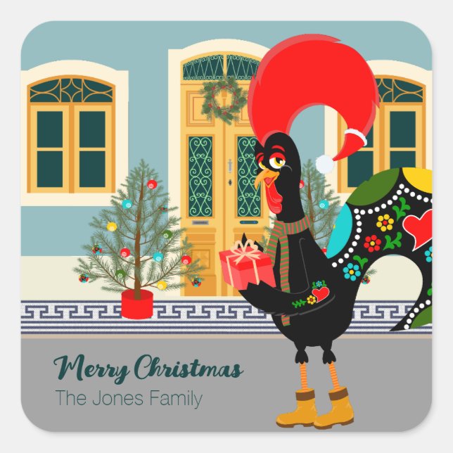 Sticker Carré Le coq portugais avec un cadeau de Noël (Devant)