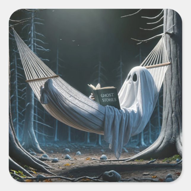 Sticker Carré Le fantôme d'Halloween dans un hamac (Devant)