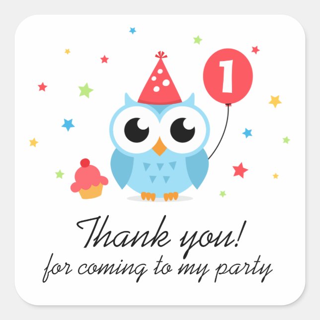 Sticker Carré Le hibou mignon de partie avec l'anniversaire de (Devant)