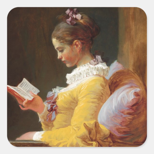 Sticker Carré Le lecteur French Girl en robe jaune (Devant)