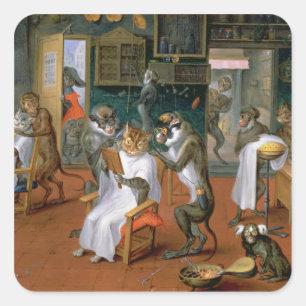 Sticker Carré Le magasin de coiffeur avec des singes et des