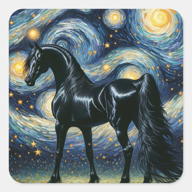 Sticker Carré Le magnifique étalon noir dans la nuit étoilée (Devant)