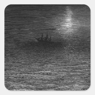 Sticker Carré Le navire en marée dans une mer lune