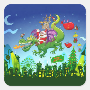 Sticker Carré Le père noël a changé son renne pour un dragon