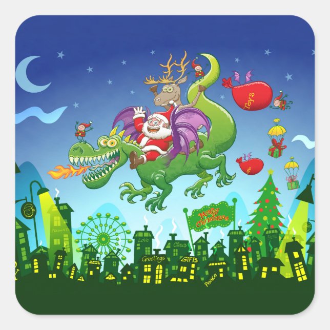 Sticker Carré Le père noël a changé son renne pour un dragon (Devant)