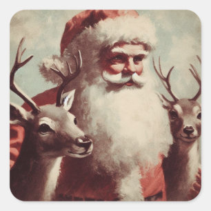 Sticker Carré Le Père Noël avec Reindeer Illustration Vintage