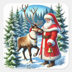 Sticker Carré Le Père Noël et le renne dans une forêt de neige