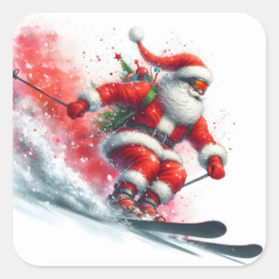 Sticker Carré Le Père Noël skie sur une pente de montagne enneig