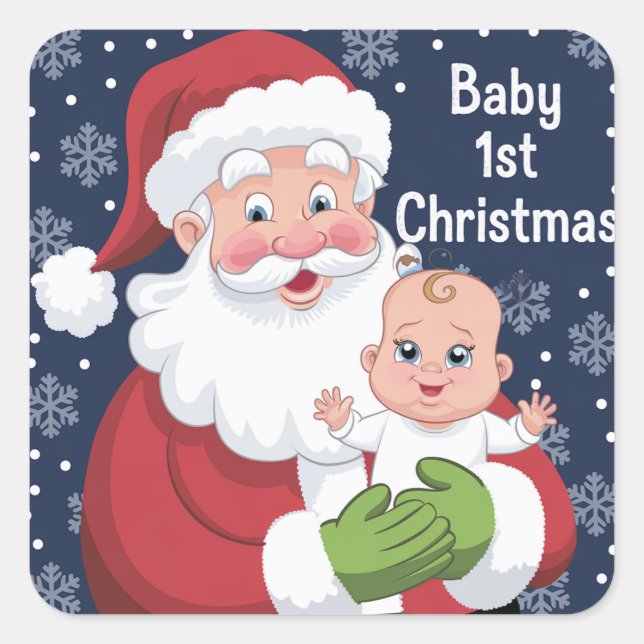 Sticker Carré Le Père Noël tient un bébé 1er Noël (Devant)