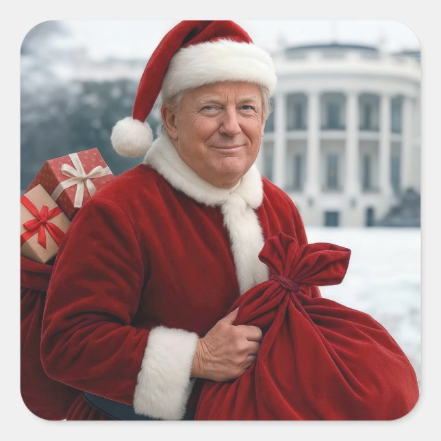 Sticker Carré Le Père Noël Trump Avec Sac Cadeau Rouge (Devant)