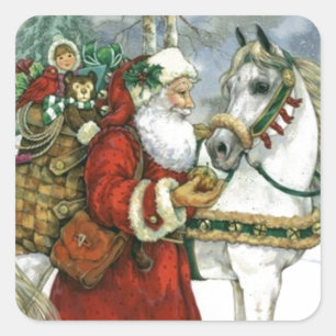 Sticker Carré Le Père Noël vintage Nourrit Son Cheval Blanc