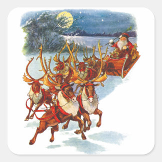 Sticker Carré Le Père Noël Volant Avec Son Reindeer Drapeau Guid