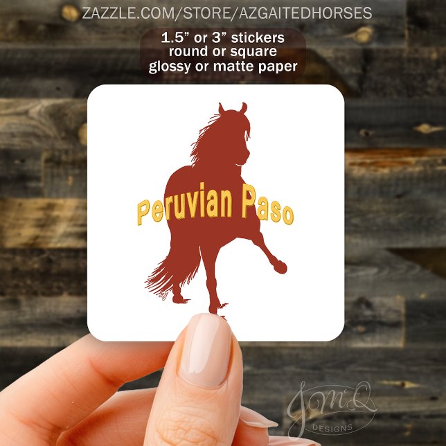 Sticker Carré Le péruvien Paso Horse Silhouette Gras Texte (Sticker with chestnut silhouette of a Peruvian Paso horse and bold yellow text “Peruvian Paso.”)
