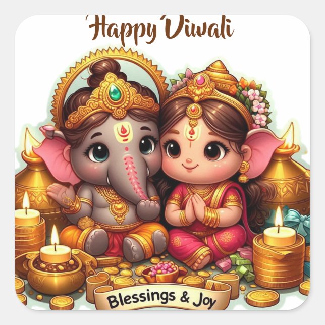 Sticker Carré Le petit lord Ganesh et la déesse Lakshmi Diwali (Devant)