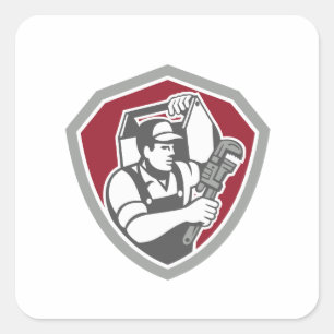 Sticker Carré Le plombier portent le bouclier de clé de boîte