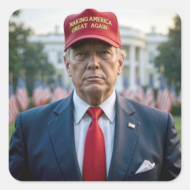Sticker Carré Le président Trump avec un Casquette Red MAGA (Devant)