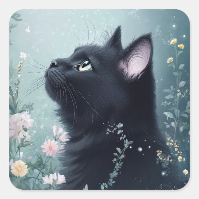 Sticker Carré Le regard de minuit d'un chat noir (Devant)