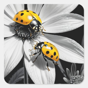 Sticker Carré Le scarabée jaune sur la fleur blanche noire
