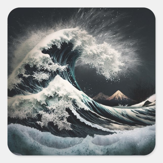 Sticker Carré Le tsunami déferle sous la lumière de la lune. (Devant)