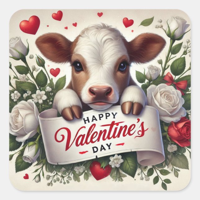 Sticker Carré Le veau de Saint Valentin avec arrangement floral (Devant)