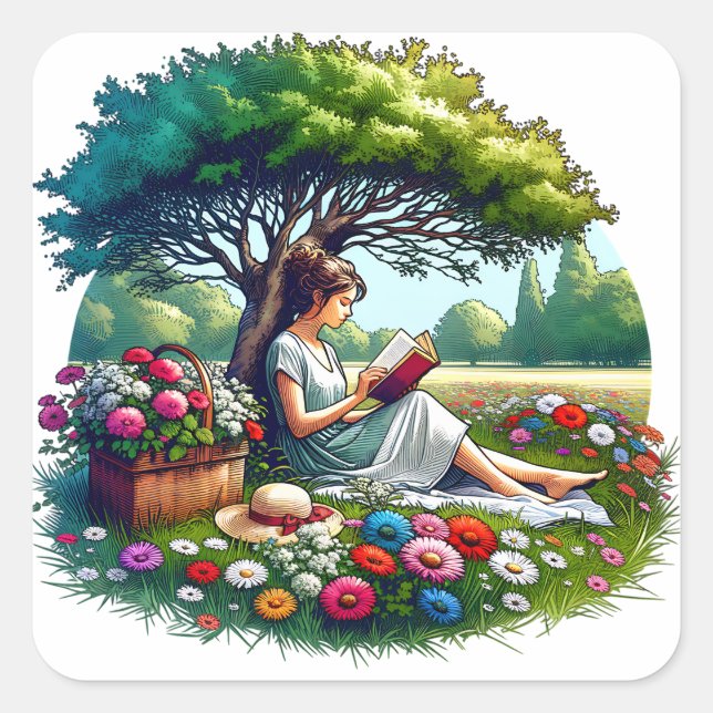 Sticker Carré Lecture de fille sous un arbre entouré de fleurs (Devant)