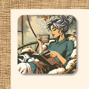 Sticker Carré Lecture douce Lady avec café et chat