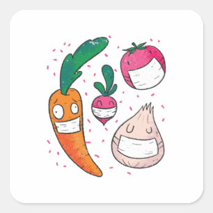 Sticker Carré Légumes drôles avec masques faciaux