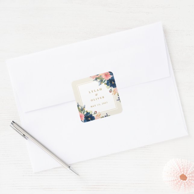 Sticker Carré L'élégance sauvage | Navy Blush & Gold Mariage (Enveloppe)