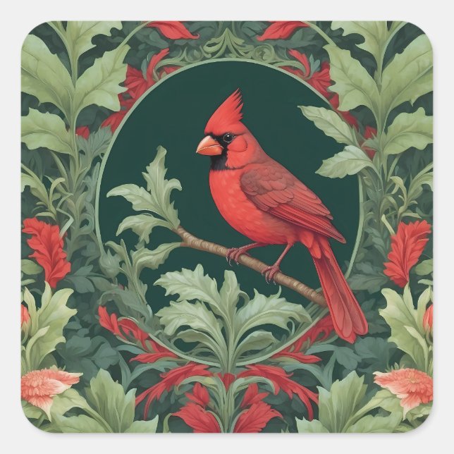 Sticker Carré L'Élégant Cardinal du Nord William Morris Inspiré (Devant)